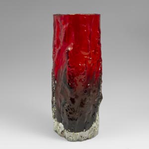 Red glass vase with bark-like texture, unknown mfg.